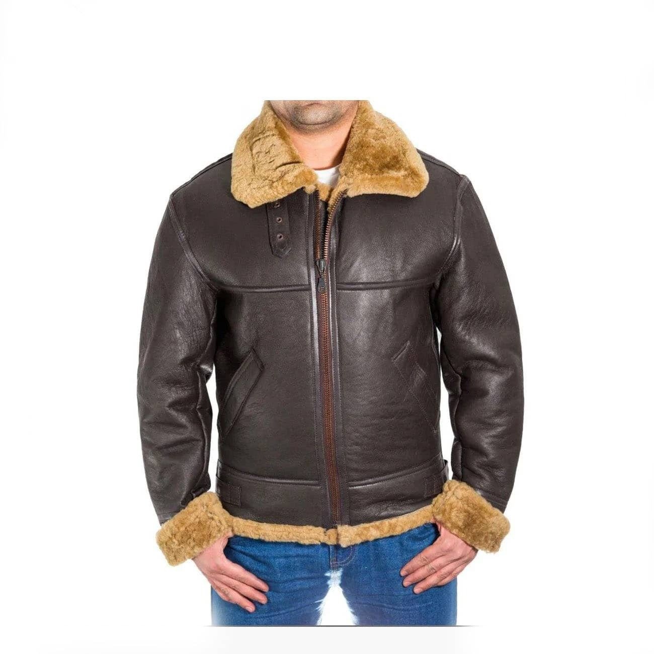 Men B3 Bomber RAF Leather Shearling Jacket 3