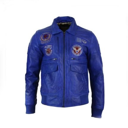 Men’s Real Leather Blue Bomber Pilot Flying Jacket With Badges – Aviator Bomber Jacket