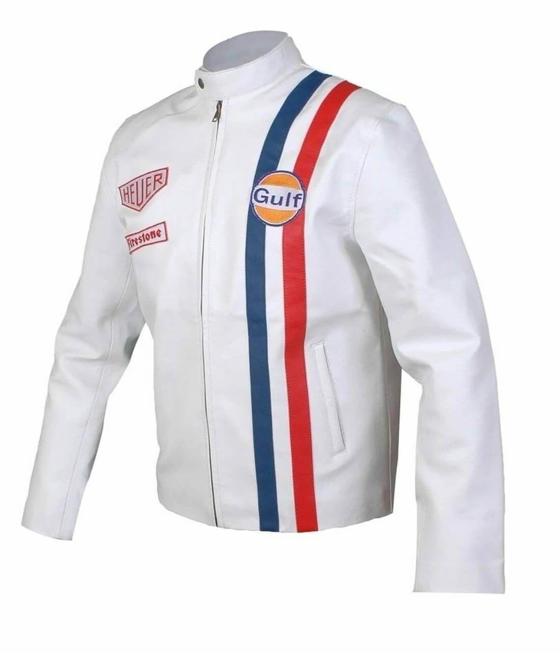 Steve McQueen White Le Mans Gulf Racing Style Leather Jacket with Stripes
