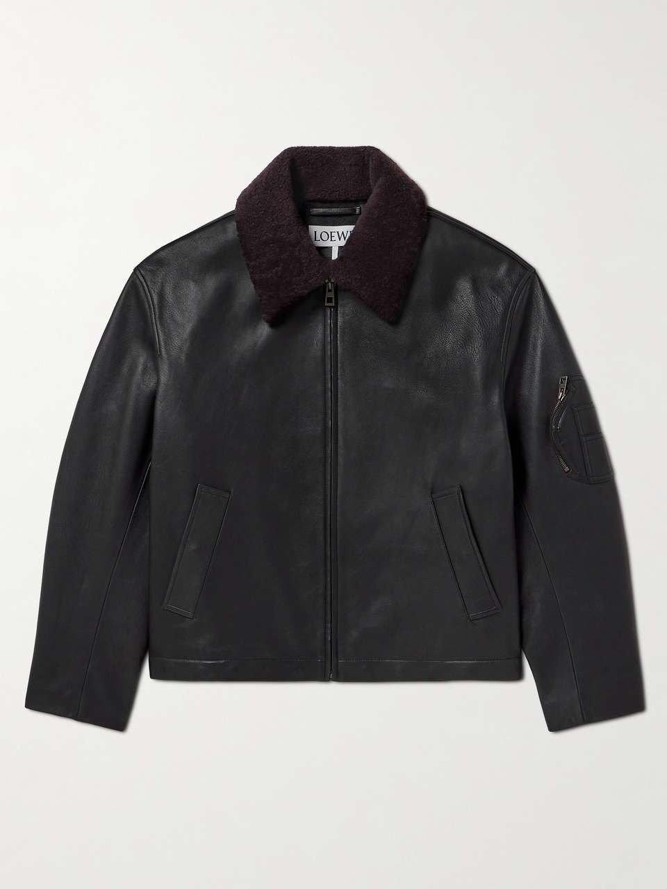 Appliquéd Shearling-Trimmed Leather Jacket