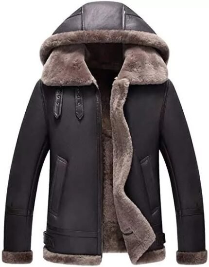 Men’s B3 RAF Bomber Removeable hood Brown Fur Shearling Real Leather Jacket Coat