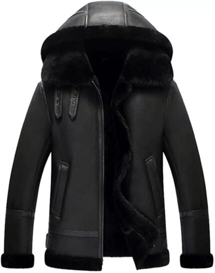 Men's Hooded RAF Aviator B3 Real Sheepskin Black Shearling Jacket