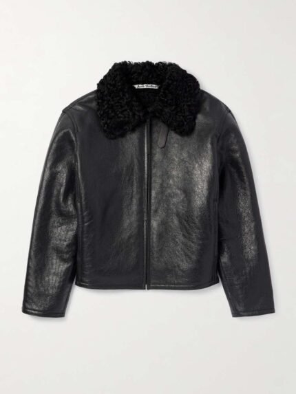 Shearling-Trimmed Cracked-Leather Jacket